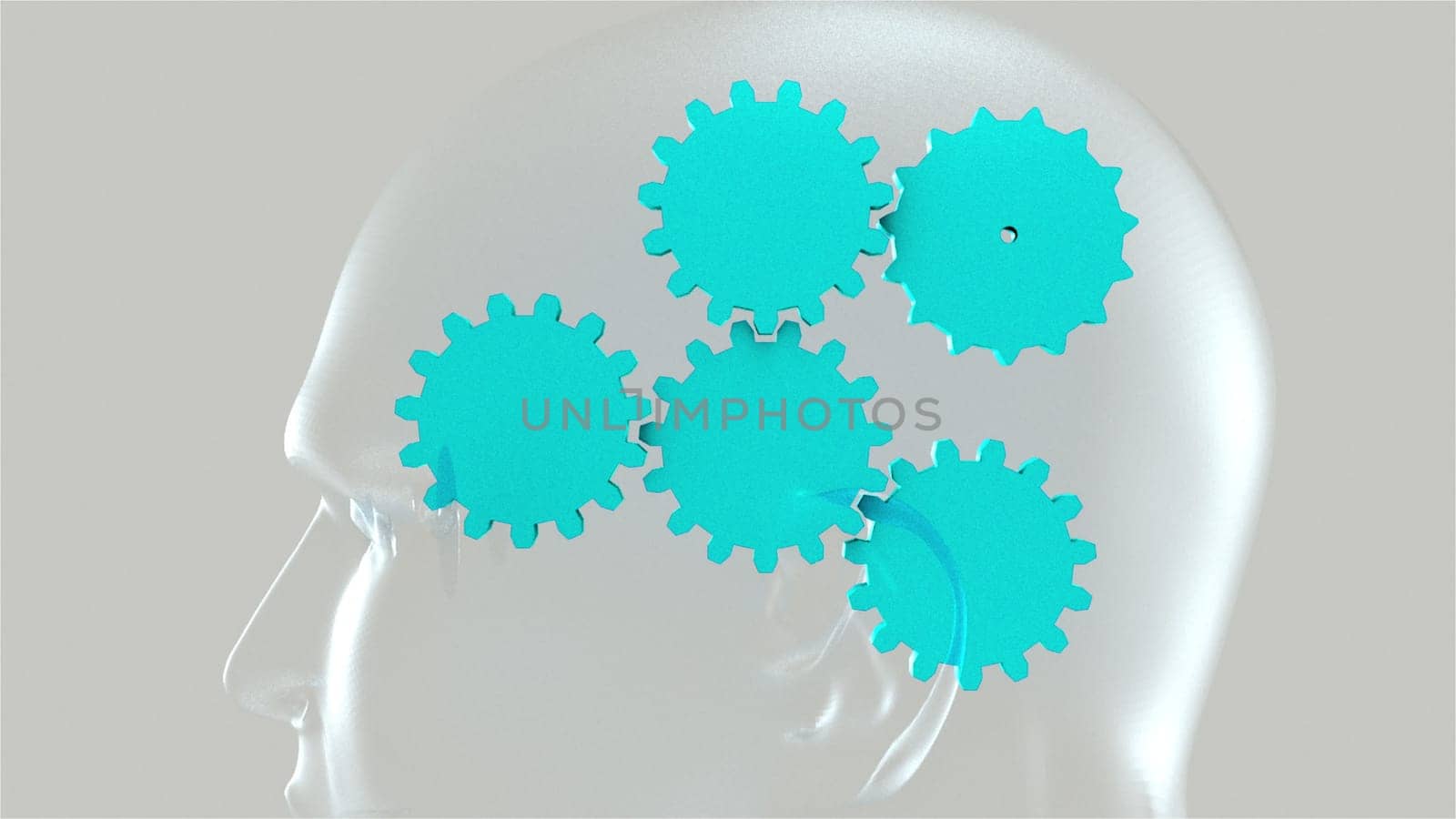 Spinning gears inside a human head. 3d rendering of the thought process. Computer created background
