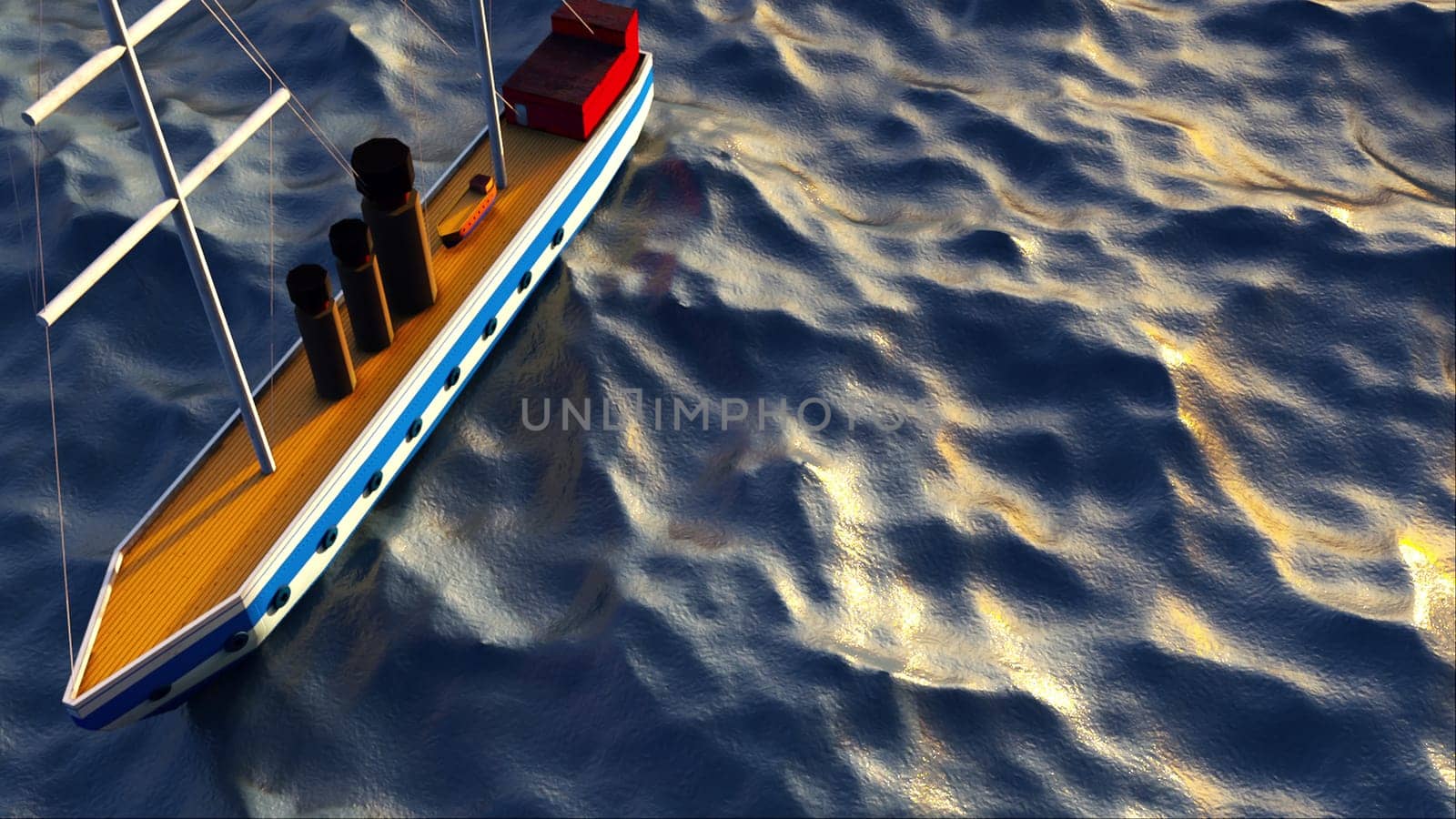3d rendering of a surface boat in the open sea, top view. Computer generated marine ship on a background of water with waves