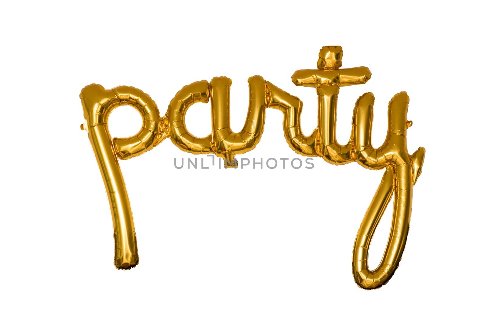 A gold colored balloon spelling the letters party isolated on white
