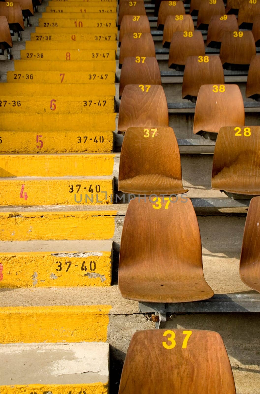 Raws of numbered wooden seats and yellow painted numbered stairs in a stadium. With space for copy.
