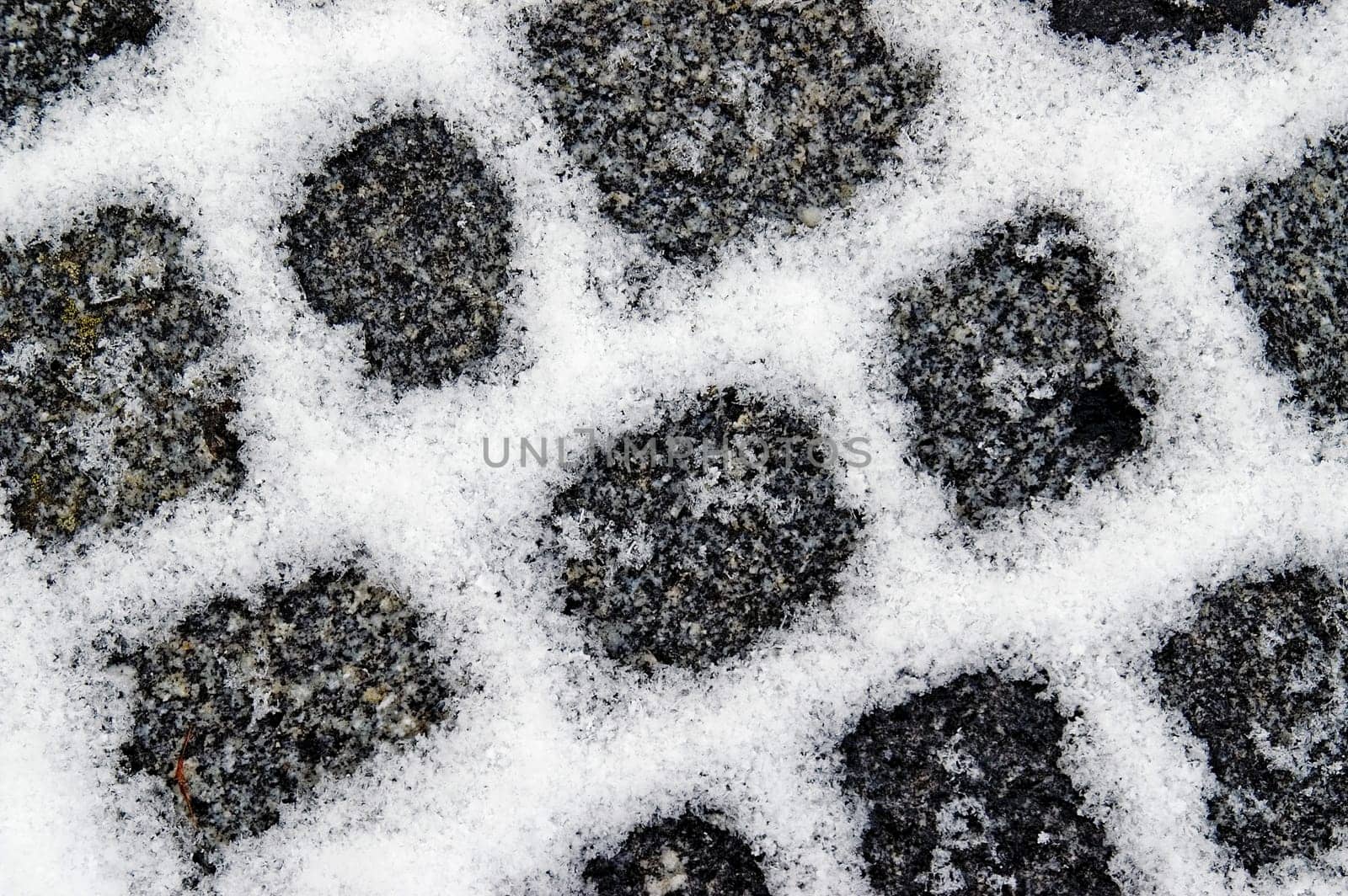 Snowfilled granite pavement gaps make a pattern on the ground