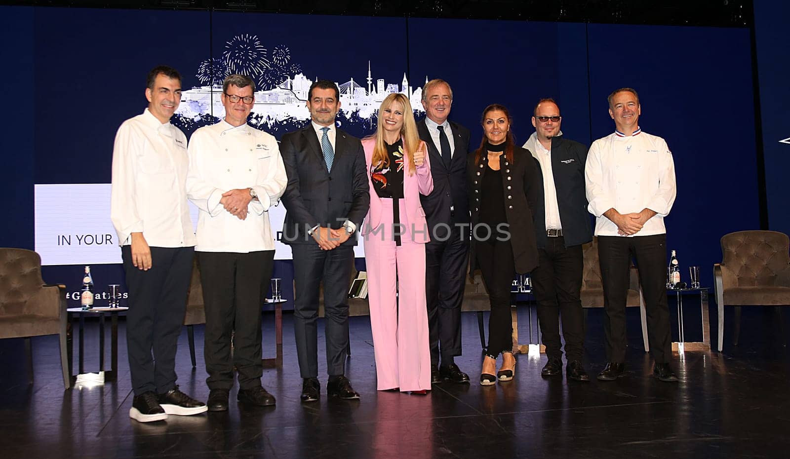 Gianni Onorato, Michelle Hunziker, Pierfrancesco Vago, Jean Phlippe Maury, Ramon Freixa, Harald Wohlfarth at the MSC Grandiosa Naming Ceremony on November 09, 2019 in Hamburg, Germany