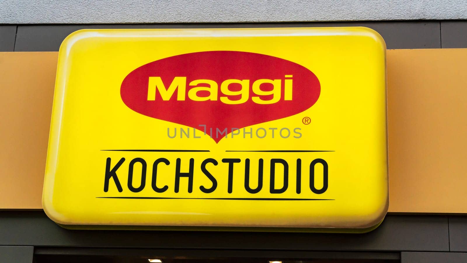 FRANKFURT/Main, GERMANY 5th OCTOBER 2019. MAGGI store logo. MAGGI , is named after its founder Julius Maggi Swiss food industry company, which is mainly known for instant soups, bouillon cubes.