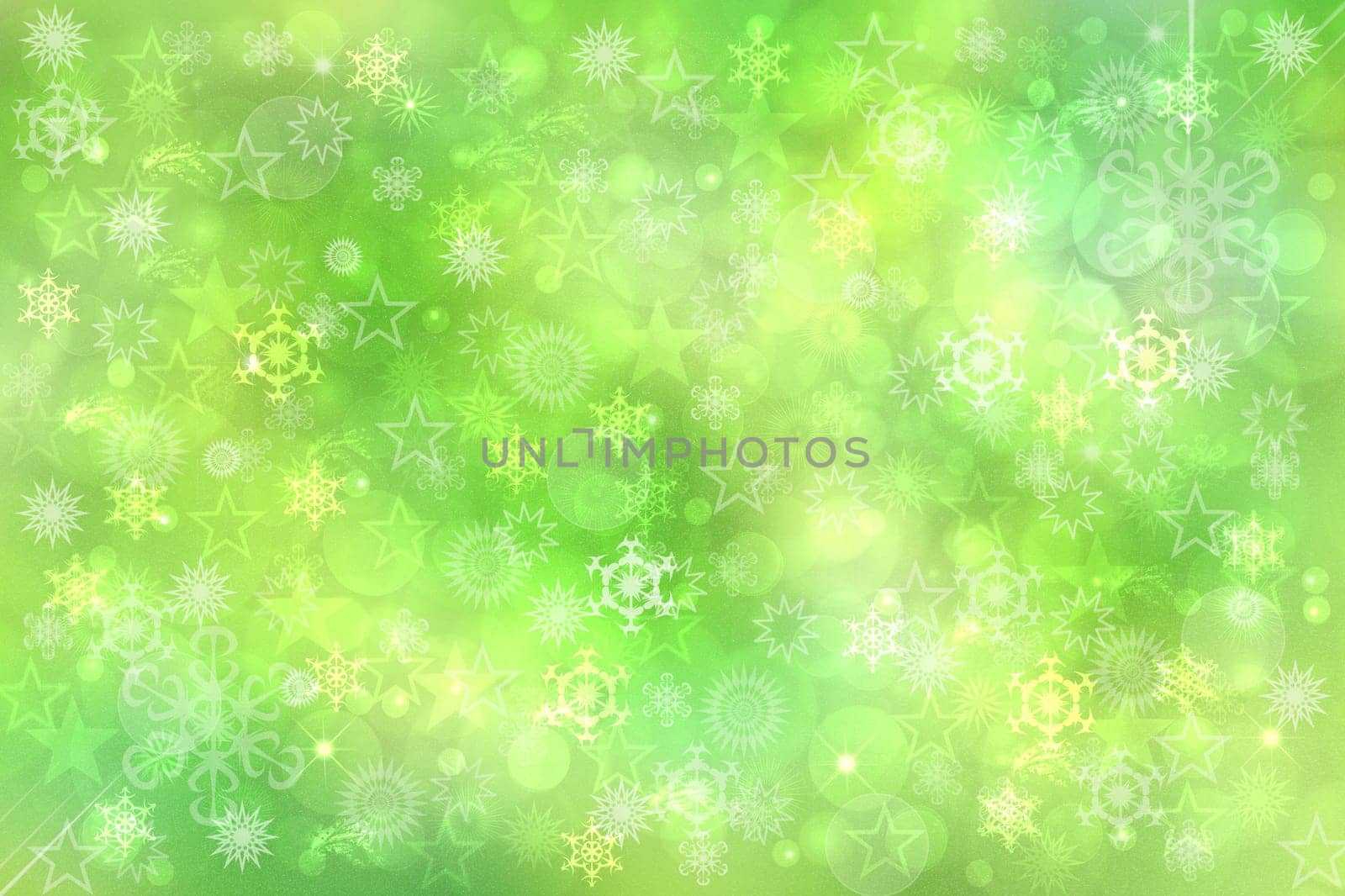 Abstract blurred festive light green yellow white winter christmas or Happy New Year background texture with yellow bokeh circles and stars. Card concept.