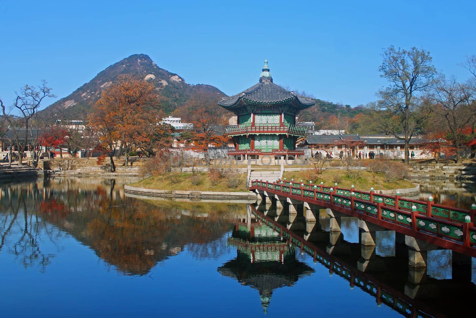 Hyangwonjeong pagoda in the middle of a lake