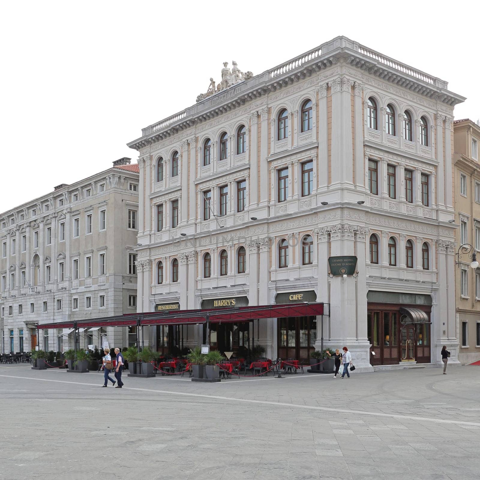 TRIESTE, ITALY - OCTOBER 13: Famous Harrys Cafe and Hotel Duchi in Trieste on OCTOBER 13, 2014. Harrys Cafe and Grand Hotel Duchi D Aosta at Unity of Italy Square in Trieste, Italy.