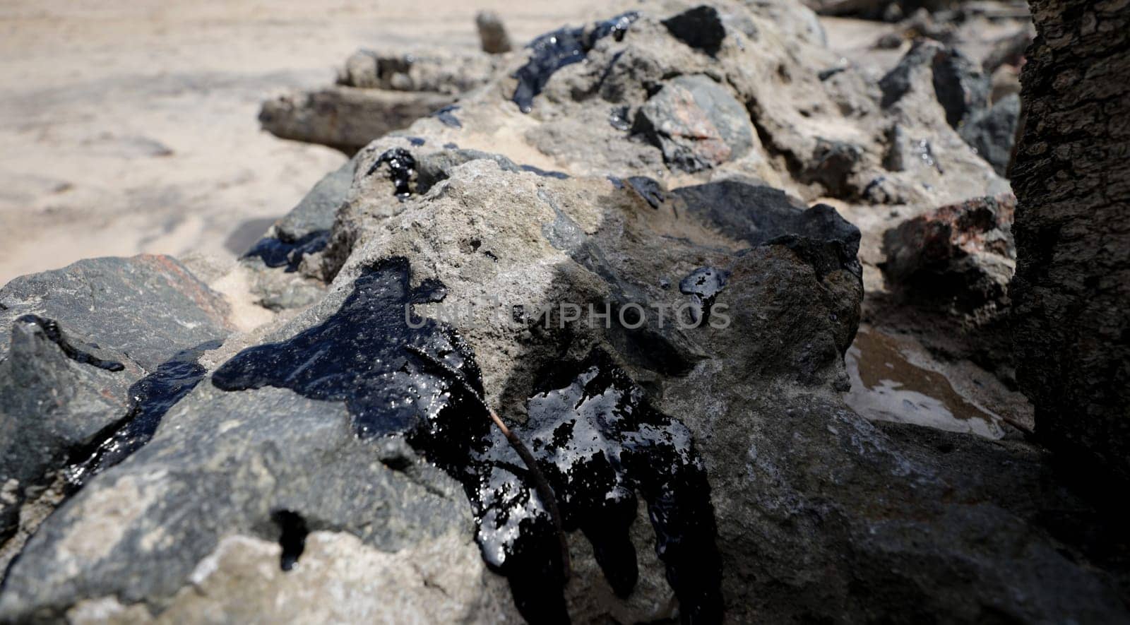 SALVADOR, BAHIA / BRAZIL - October 18, 2019: Oil macha is seen on Praia do Sol, the site was affected by oil spill at sea (Joa Souza / Panthermedia).