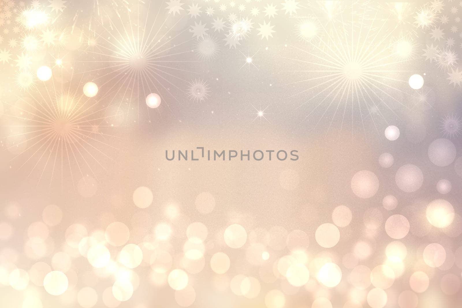New year card template. Abstract festive light gold yellow white Happy New Year or winter Christmas background texture with blurred bokeh lights and stars. Beautiful backdrop.