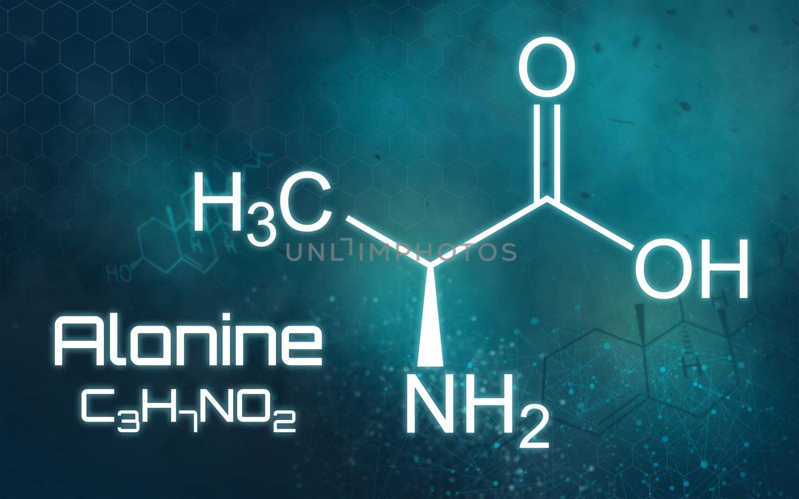 Chemical formula of Alanine on a futuristic background