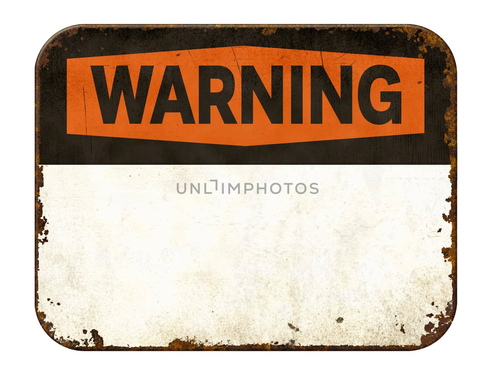 Empty vintage tin warning sign on a white background