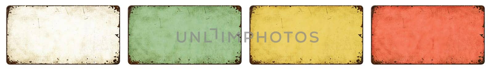 Four empty vintage tin signs on a white background