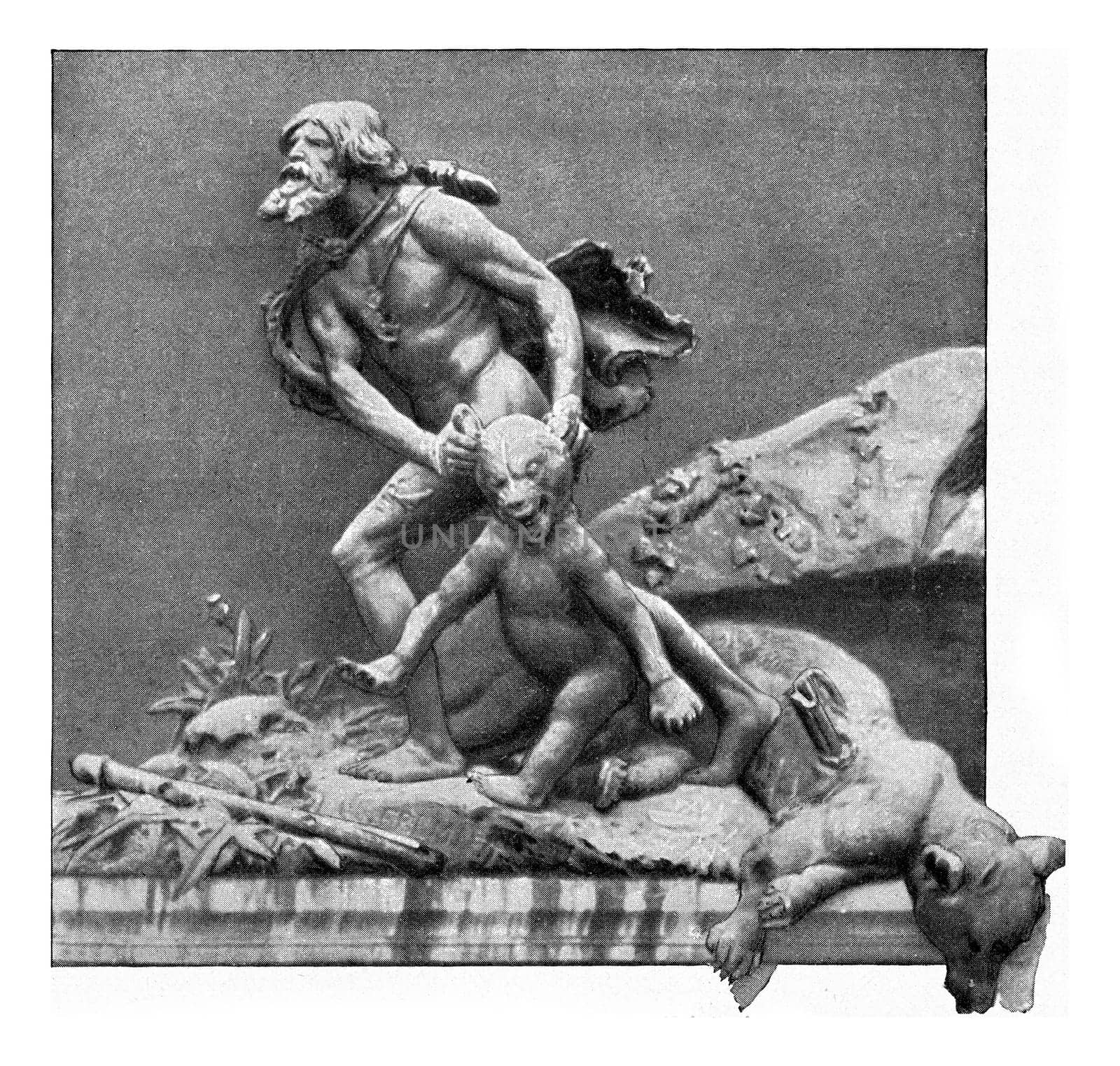 Bear hunting in prehistoric times, vintage engraved illustration. From the Universe and Humanity, 1910..