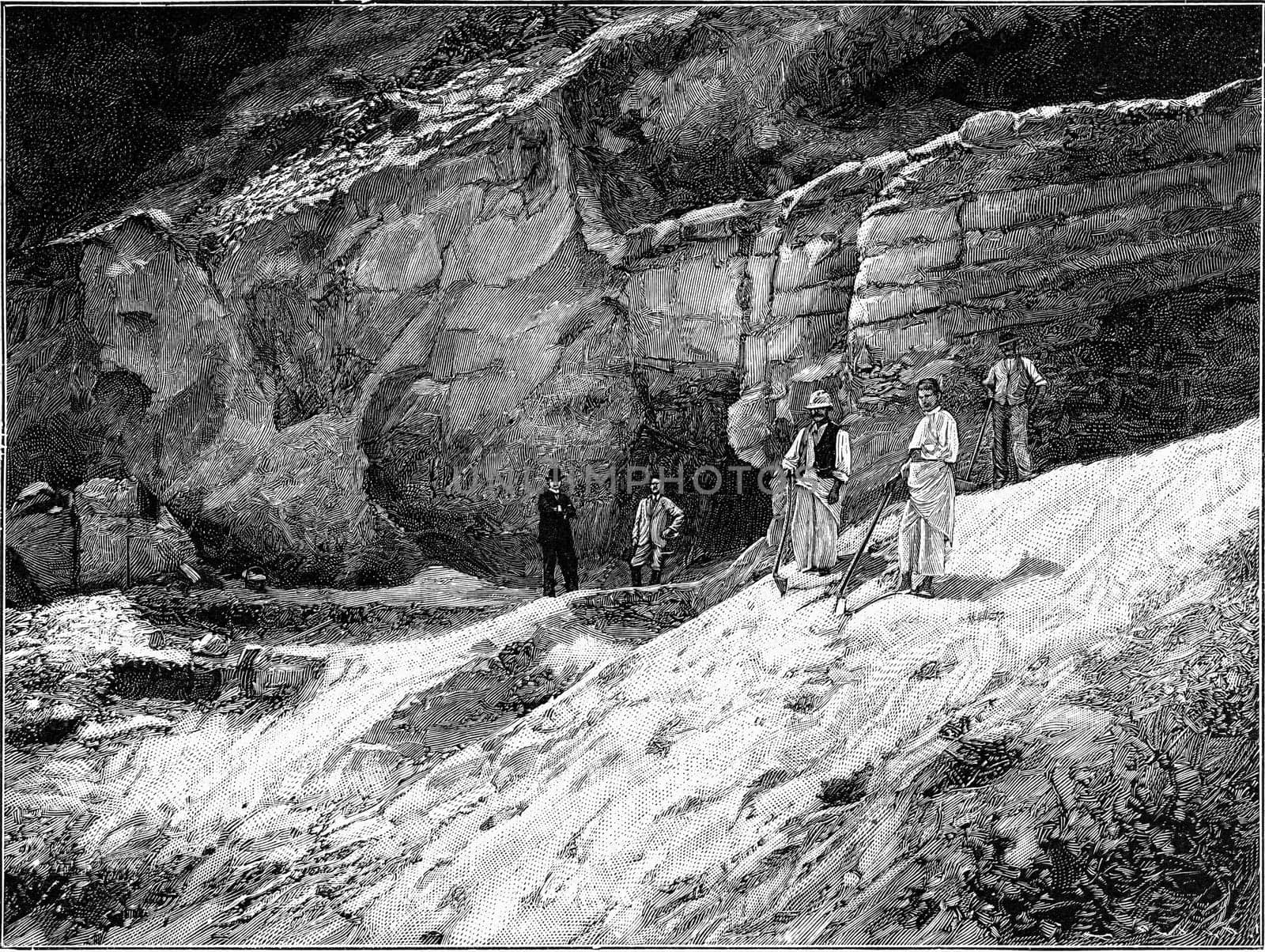 The field of discovery of the remains of bones of the diluvian man near Krapina in Croatia, vintage engraved illustration. From the Universe and Humanity, 1910..