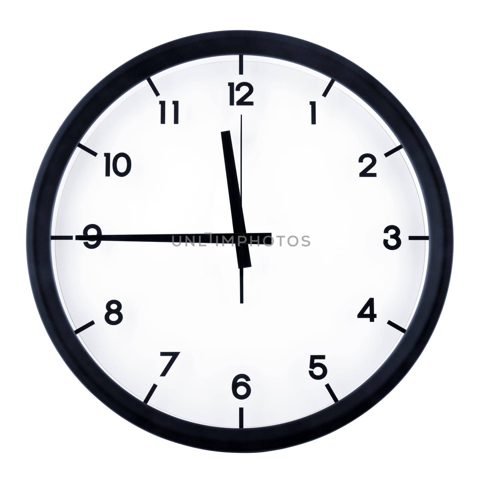 Classic analog clock pointing at eleven forty five o'clock, isolated on white background.