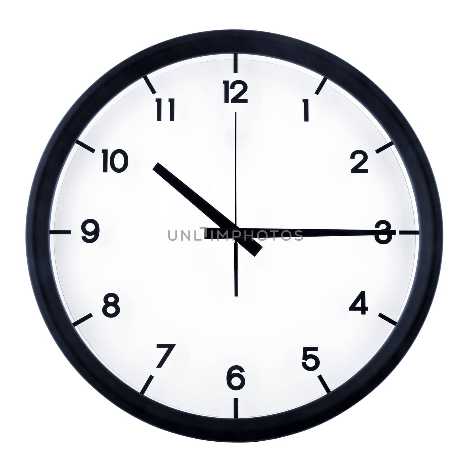 Classic analog clock pointing at ten fifteen o'clock, isolated on white background