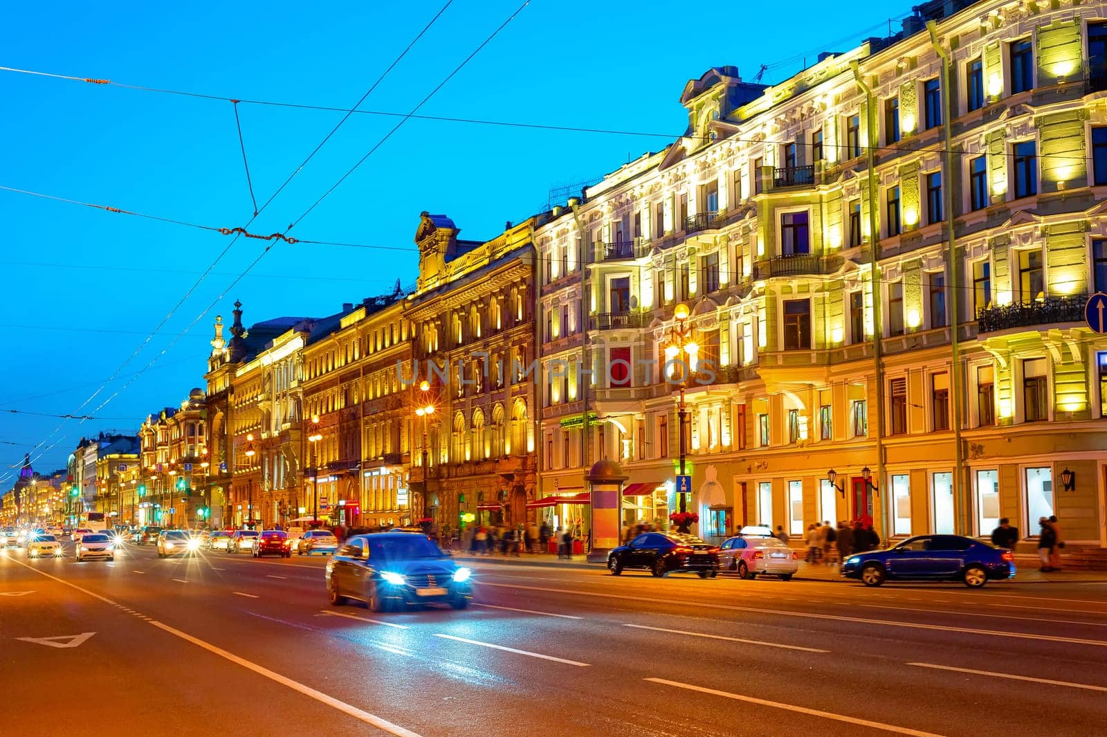 Night cityscape with traffic on illuminated Nevsky Prospect, Saint Petersburg, Russia