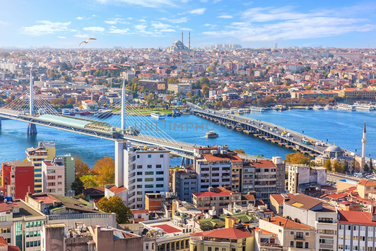 View on the Halic metro Bridge, the Ataturk Bridge and the Sultanahmet district of Istanbul.