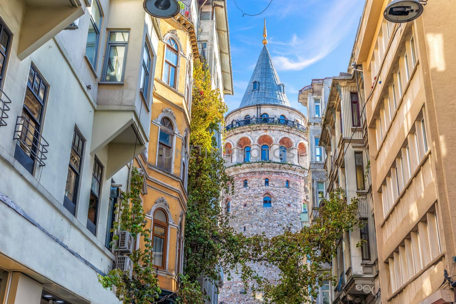 Galata Tower in the wonderful old street of Istanbul, Turkey.
