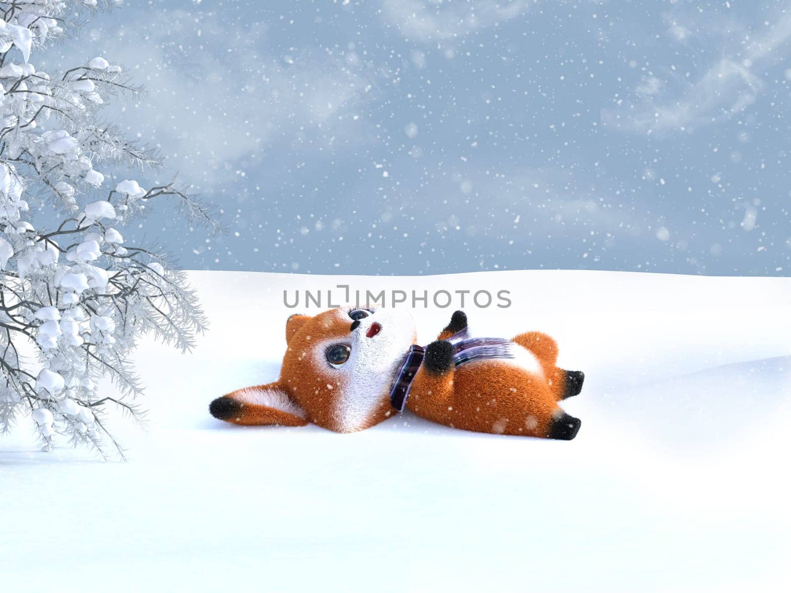 3D rendering of an adorable cute happy furry cartoon fox lying down on the ground and looking at the snow in the air. Snowy background.