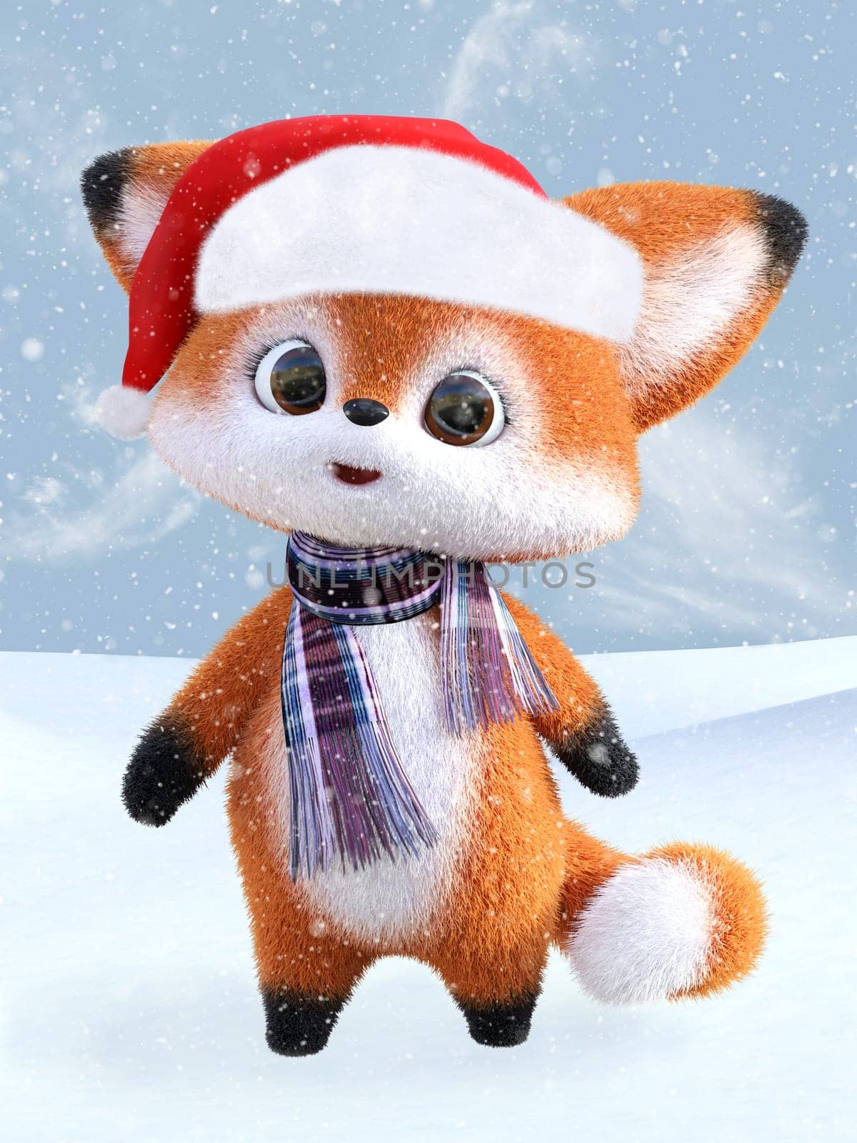 3D rendering of an adorable cute happy furry cartoon fox wearing a Santa hat and a scarf, standing in snow. Snowy background.