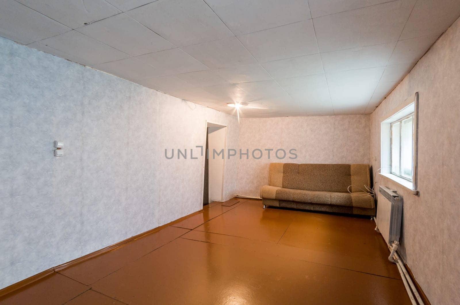 Russia, Moscow- June 26, 2019: interior room apartment. standard repair decoration in hostel. old not modern decor
