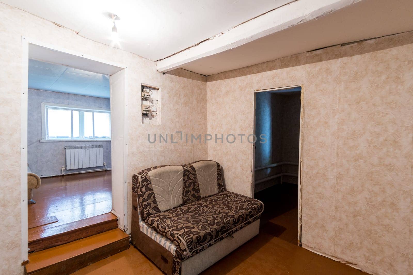 Russia, Moscow- June 26, 2019: interior room apartment. standard repair decoration in hostel. old not modern decor