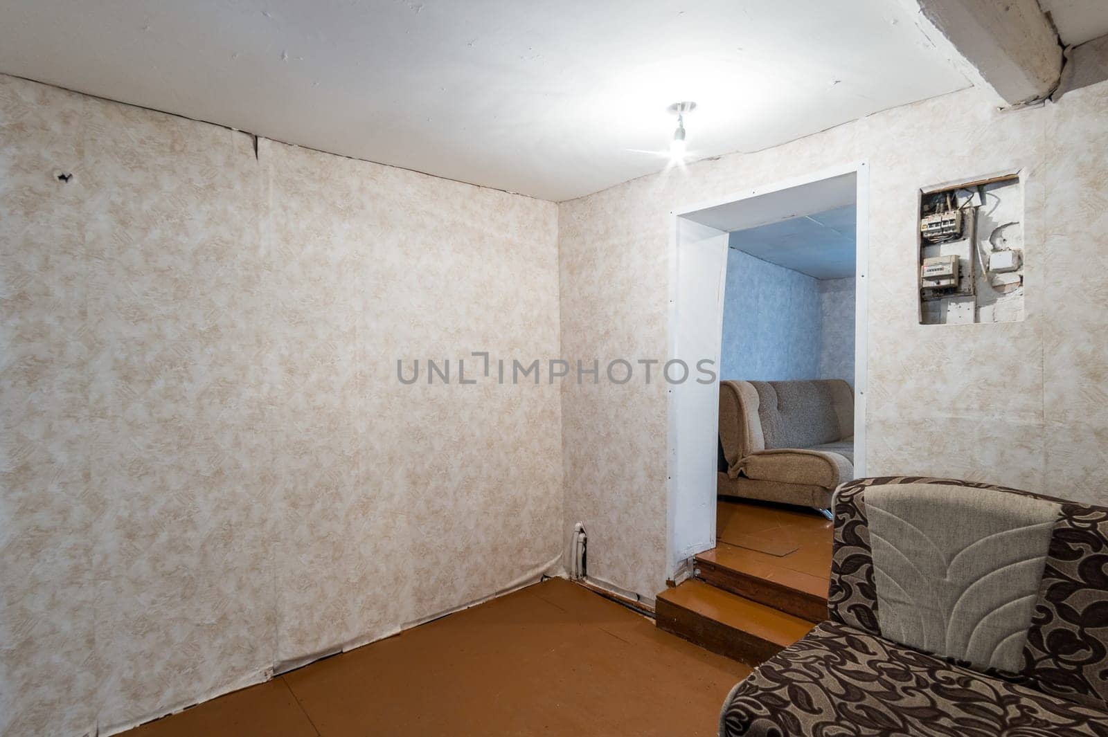 Russia, Moscow- June 26, 2019: interior room apartment. standard repair decoration in hostel. old not modern decor