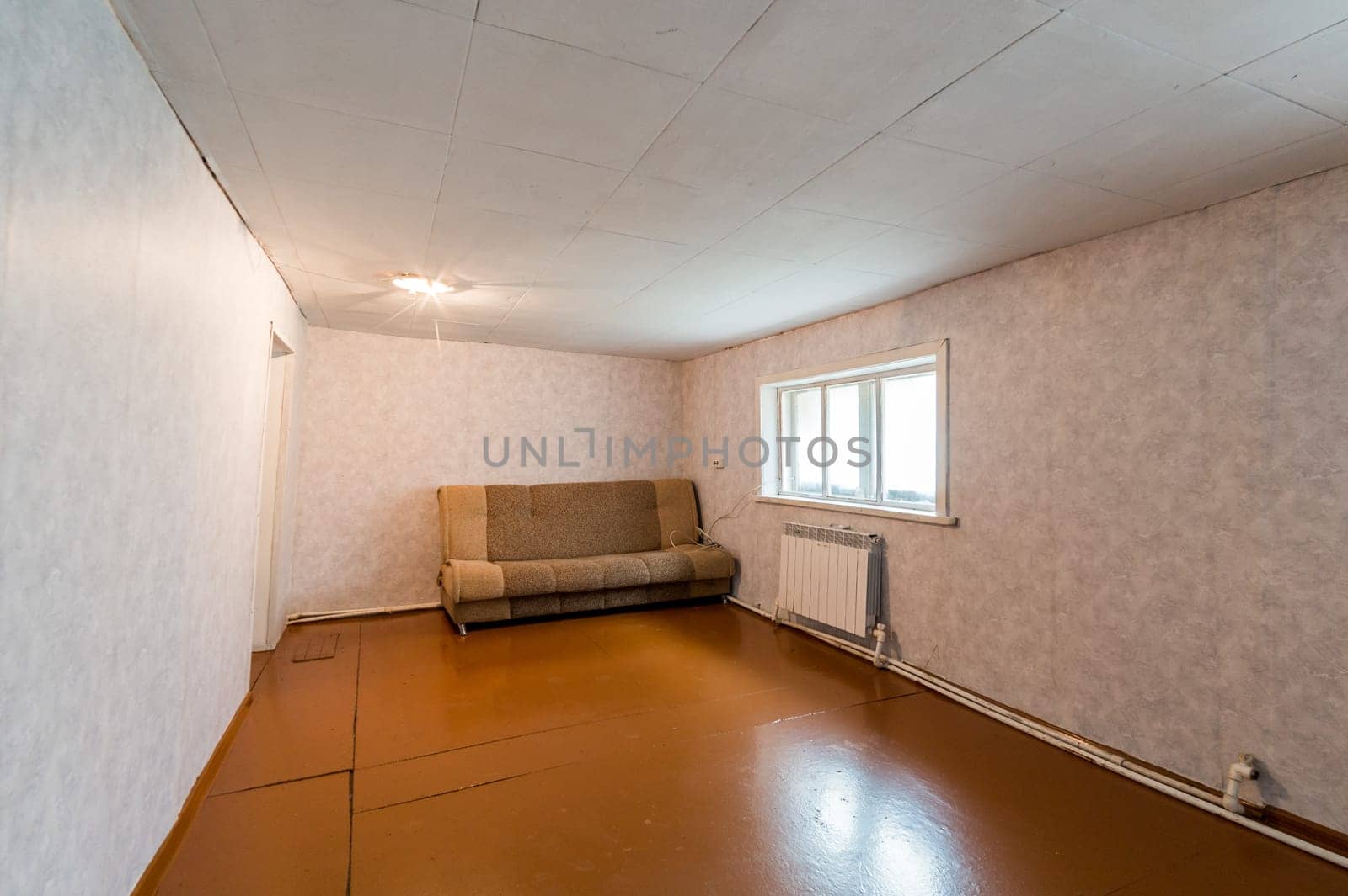 Russia, Moscow- June 26, 2019: interior room apartment. standard repair decoration in hostel. old not modern decor