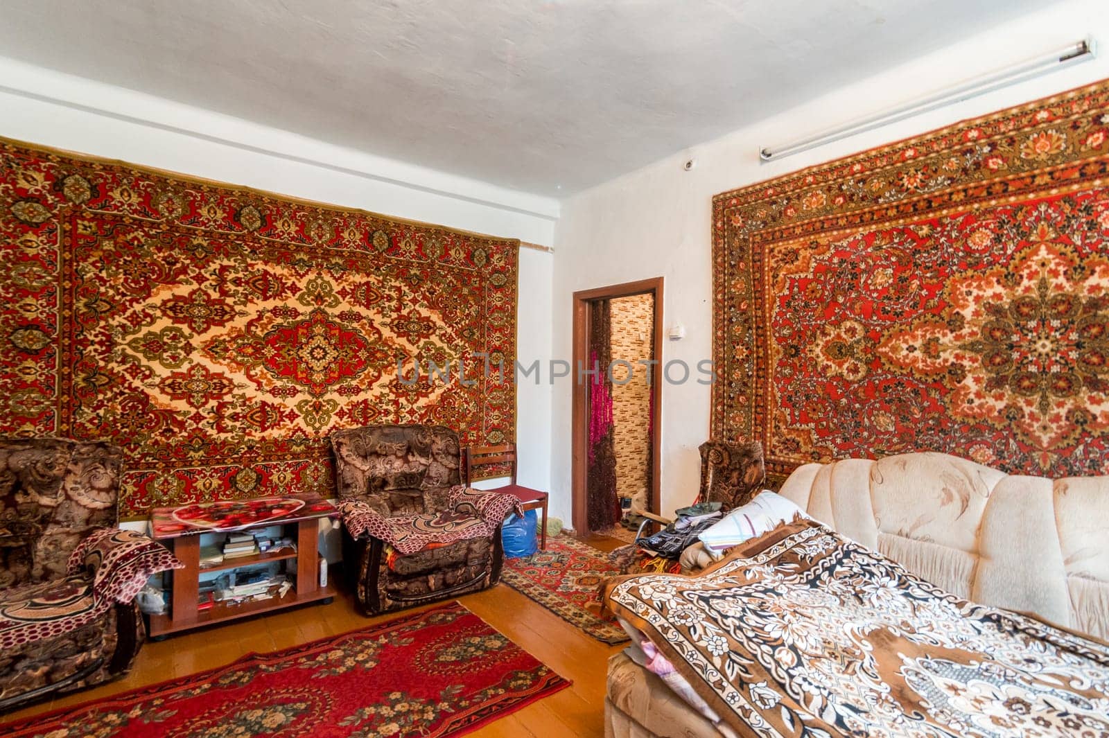 Russia, Moscow- June 26, 2019: interior room apartment. standard repair decoration in hostel. old not modern decor. kitchen and dining room