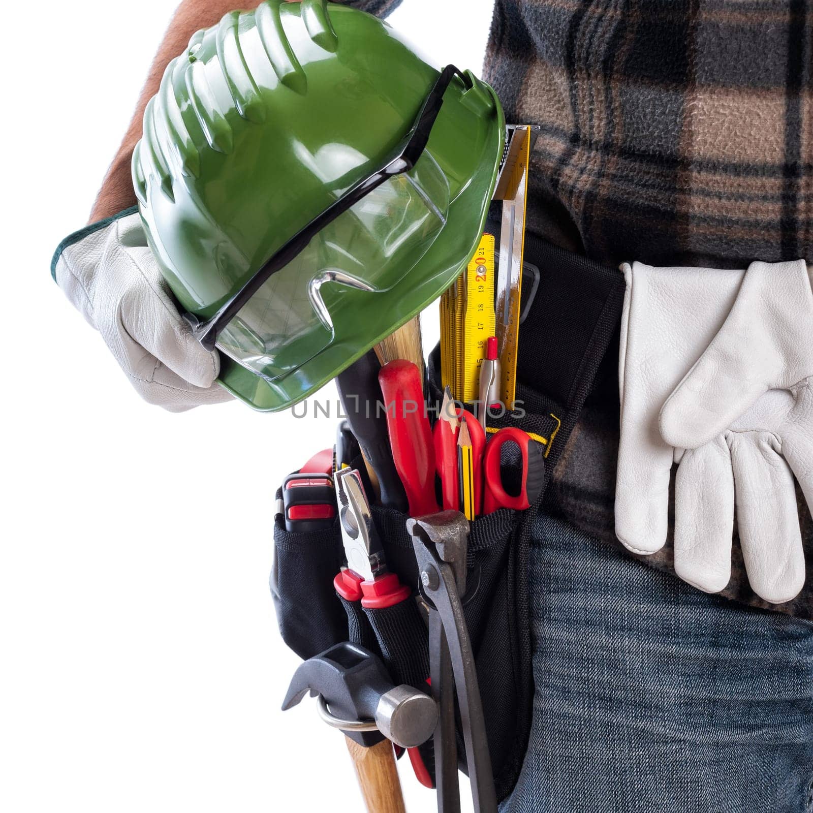 Carpenter isolated on a white background  he wears leather work gloves, he is holding his helmet and protective goggles. Work tools industry construction and do it yourself housework. Stock photography.
