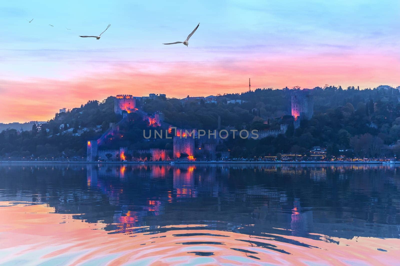 Rumelian Castle in the sunset colours and evening lights, Istanbul.