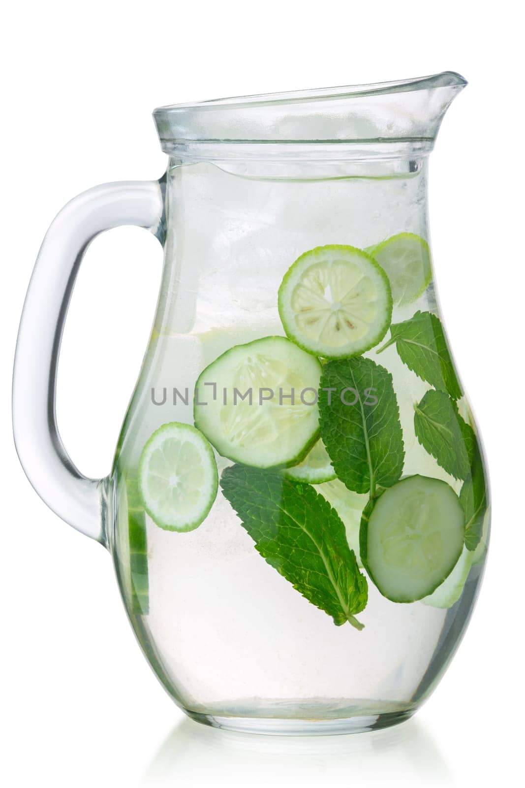 Pitcher of iced detox Sassy water with lime, isolated