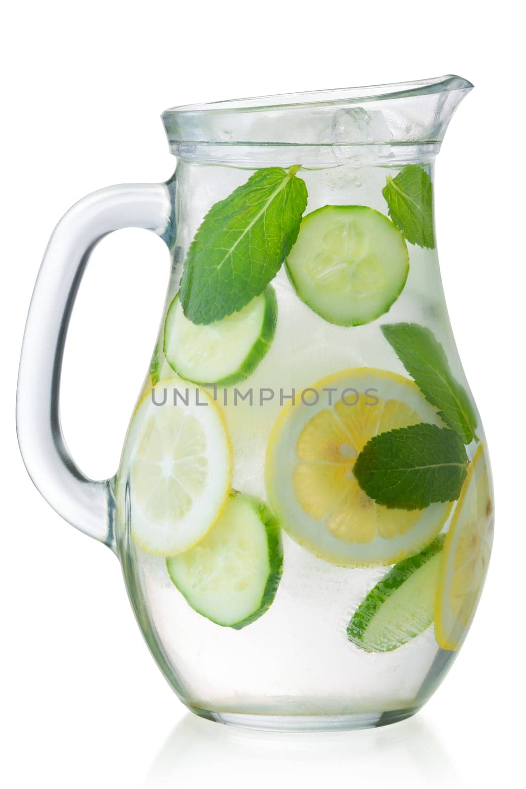Pitcher of iced detox Sassy water with lemon, isolated