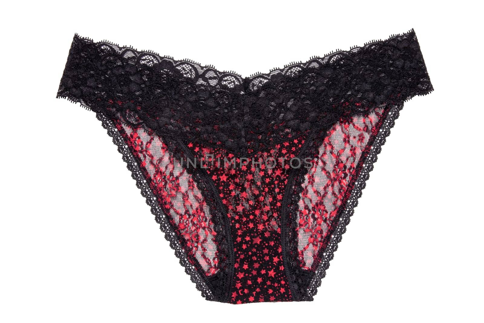 Underwear woman isolated. Close-up of a luxurious elegant black red lacy thongs panties isolated on a white background. Underwear women fashion.