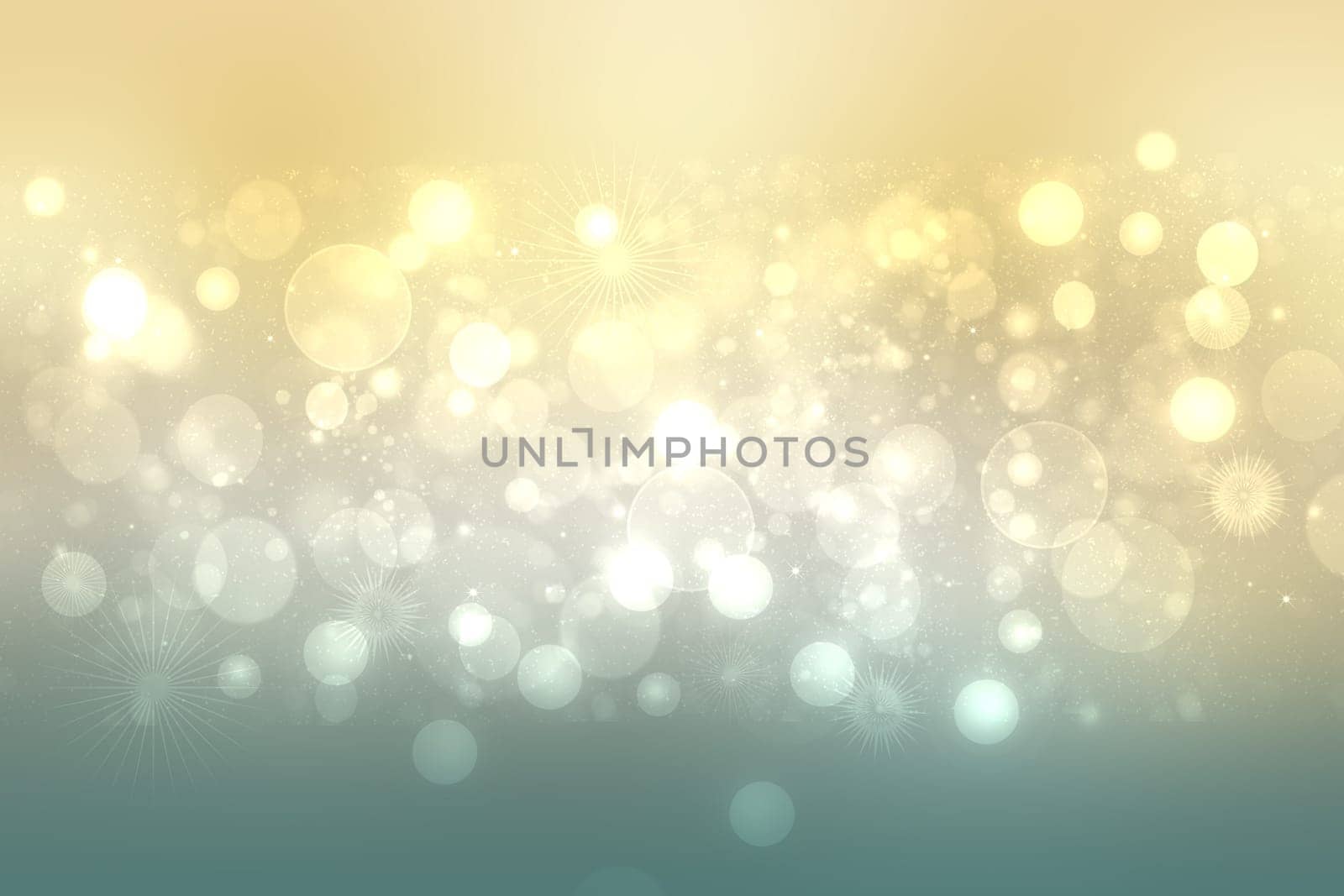 Abstract gradient turquoise light yellow turquoise shiny blurred background texture with circular bokeh lights and stars. Beautiful backdrop. Space for design.