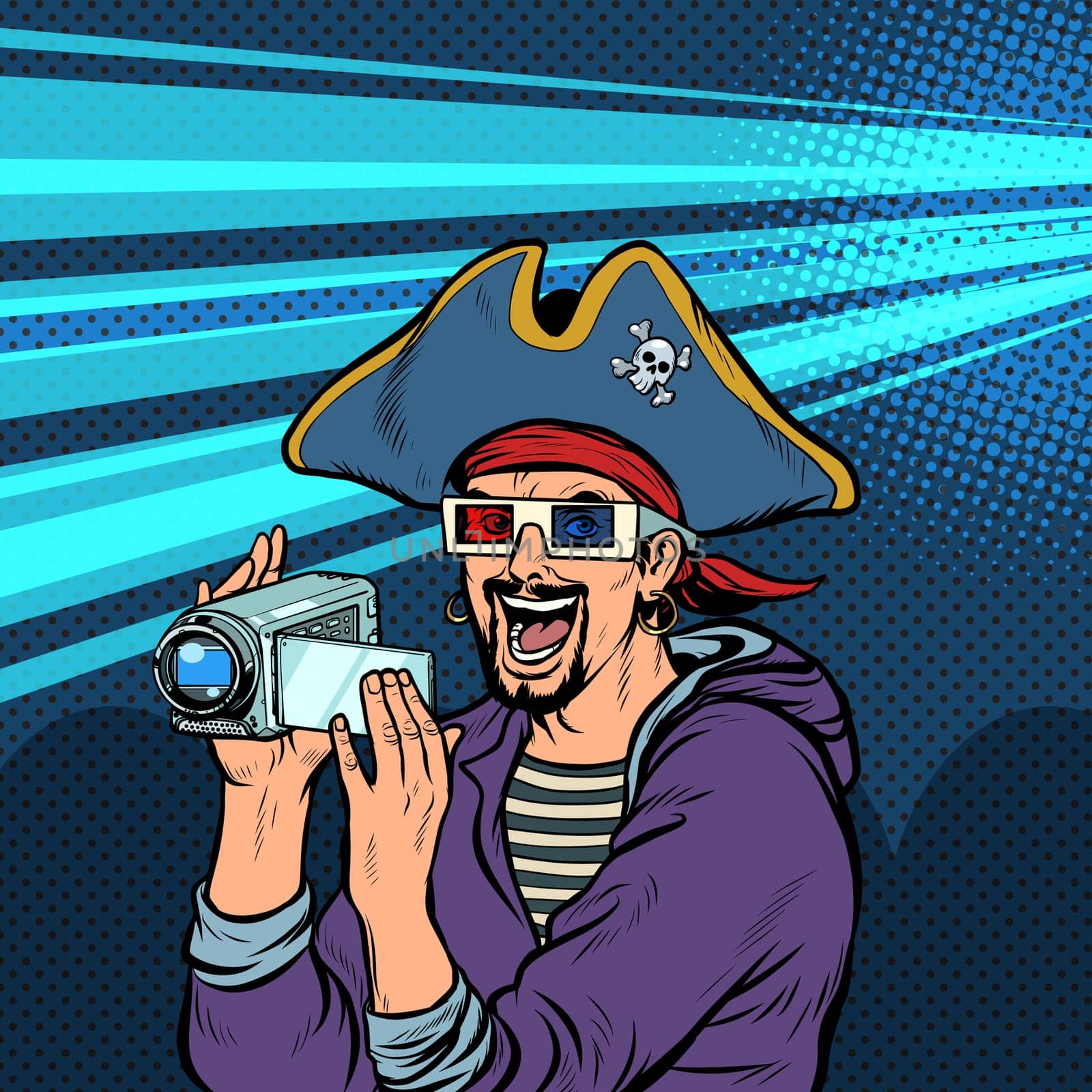 pirate shoots and watches adventure movies. Pop art retro vector illustration kitsch vintage 50s 60s
