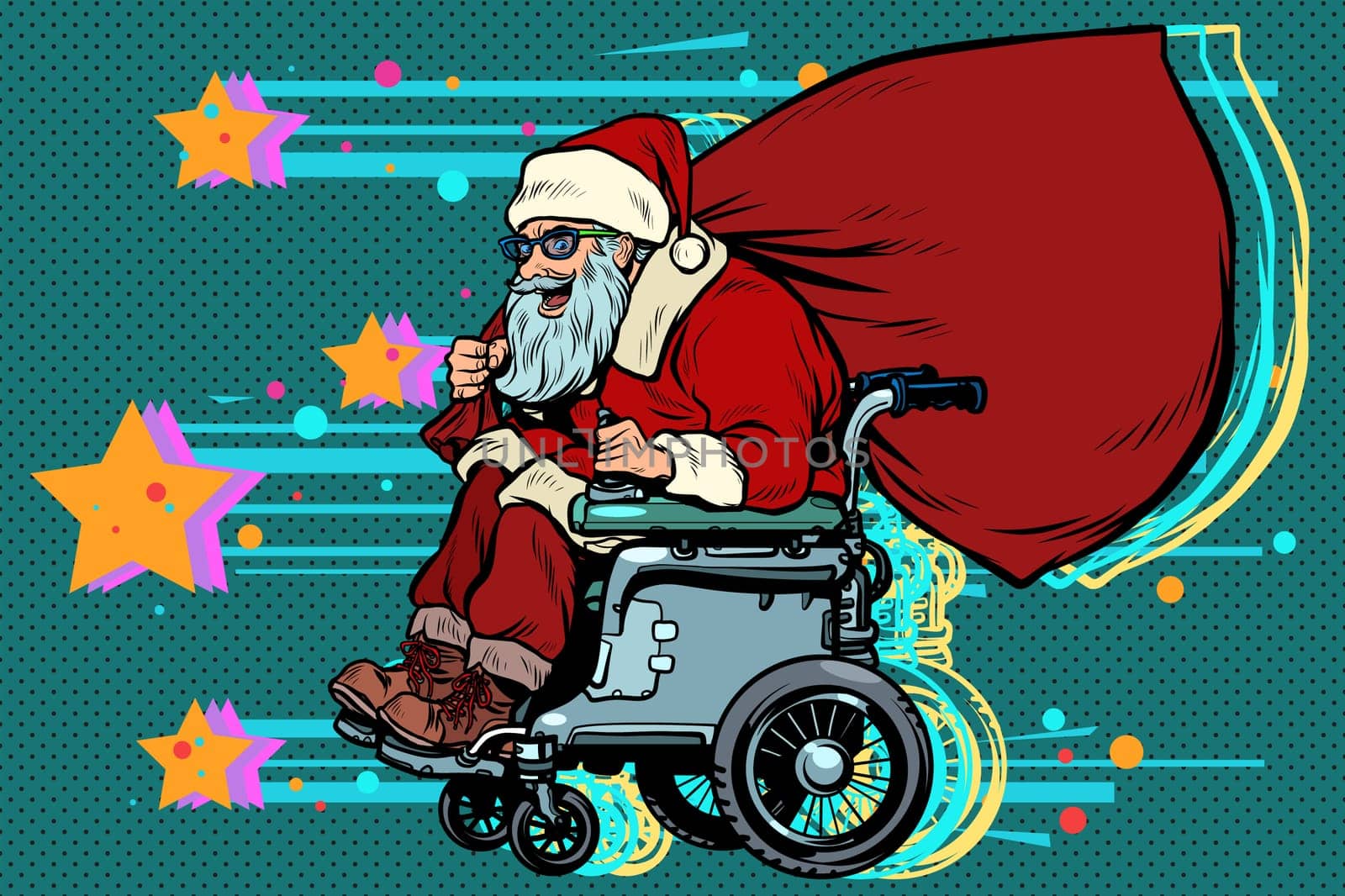 Santa Claus is an active wheelchair user disabled. Christmas and New year. Pop art retro vector illustration kitsch vintage 50s 60s