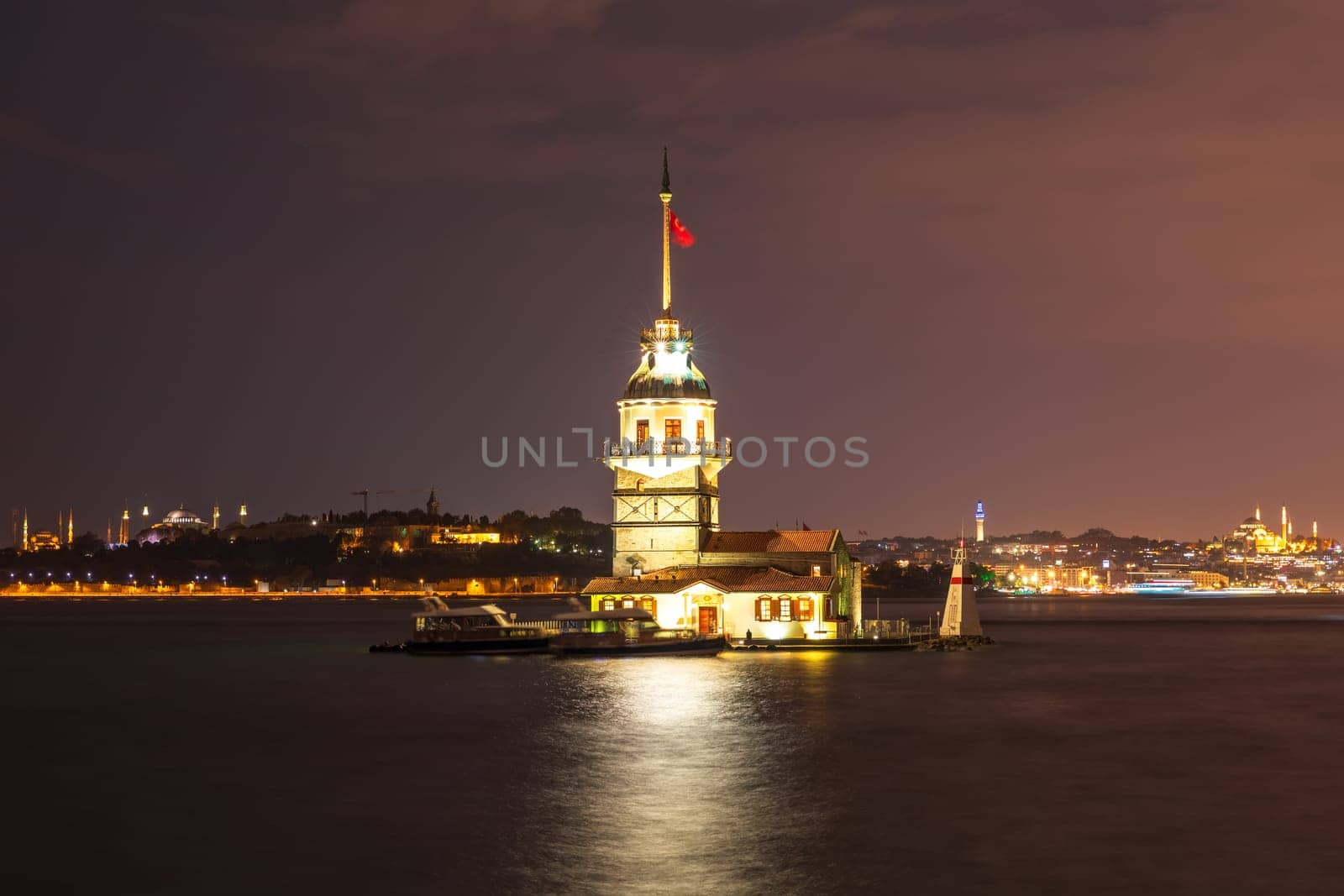 Maiden's Tower in the night lights, Istanbul.