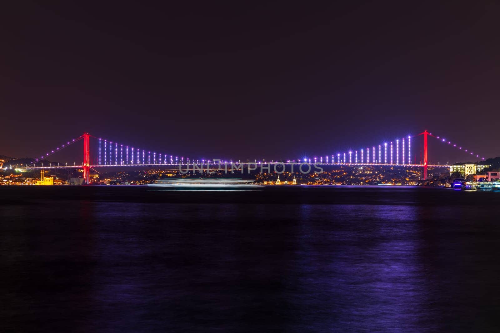 The Bosphorus Bridge or the 15 July Martyr's bridge, night panorama, Istanbul.