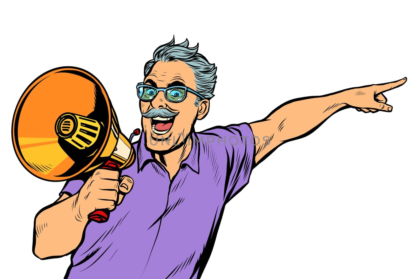 an elderly man with a megaphone. Pop art retro vector illustration drawing vintage kitsch