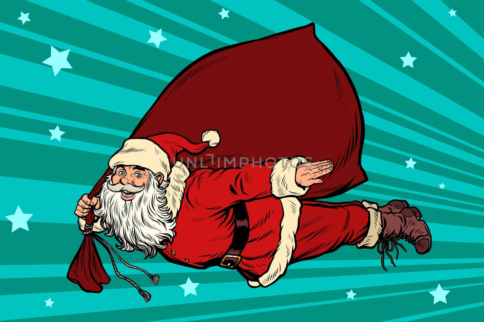 Santa Claus superhero is flying with a bag of gifts. Pop art retro vector illustration kitsch vintage