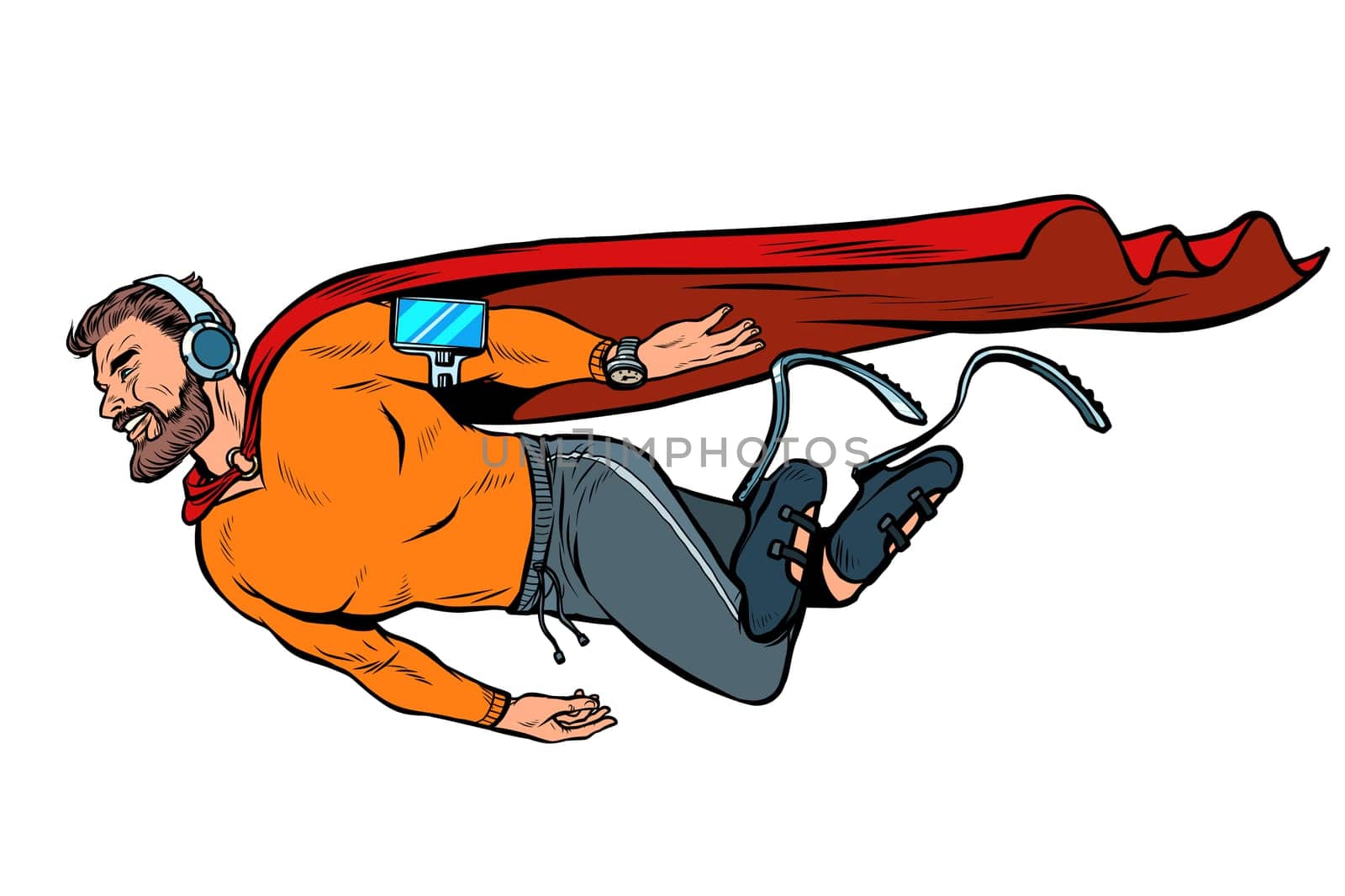 superhero fashion invalid with artificial legs. electronic gadgets. Pop art retro vector illustration kitsch vintage