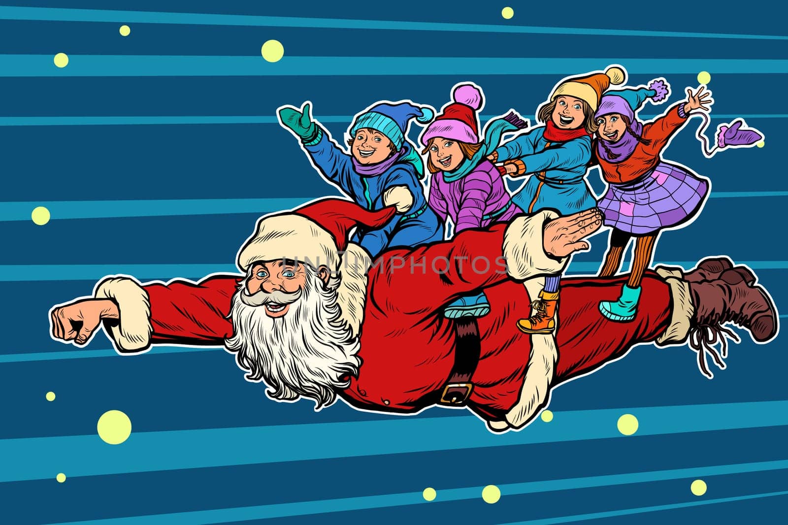 superhero Santa Claus with children. Christmas and New year. Pop art retro vector illustration kitsch vintage