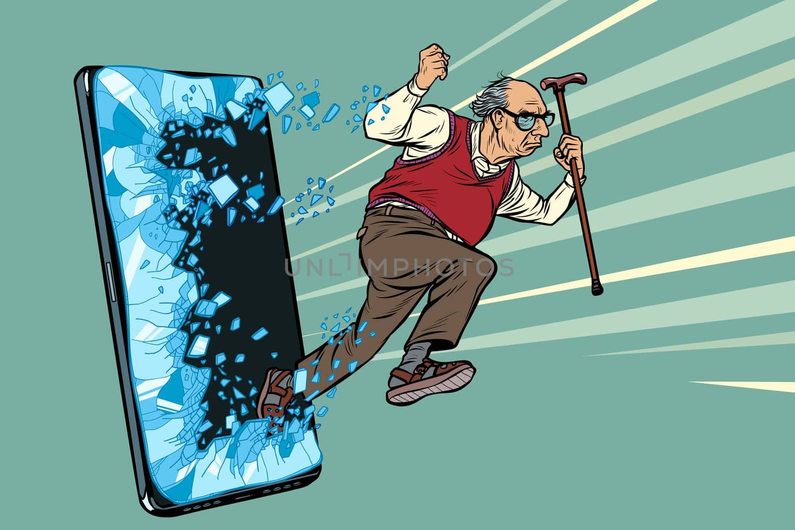 old man retired grandfather Phone gadget smartphone. Online Internet application service program. Pop art retro vector illustration drawing vintage kitsch