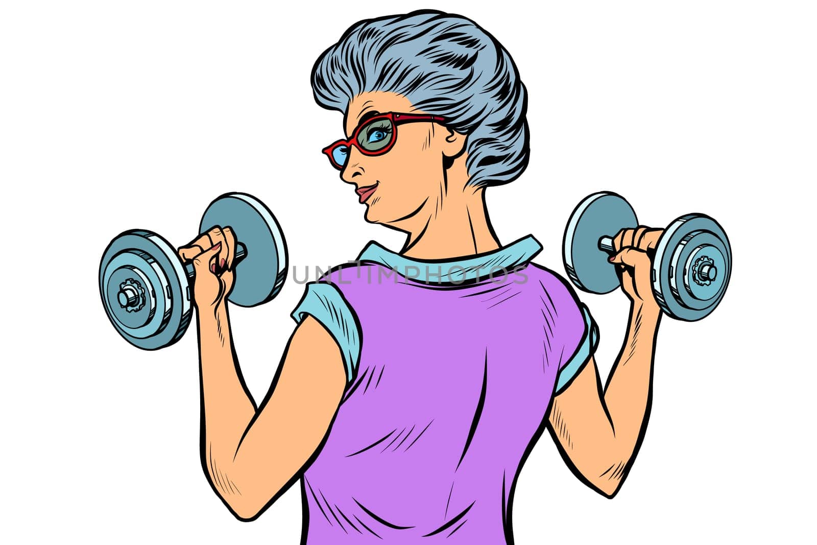 fitness dumbbells sport activity Woman grandmother pensioner elderly lady. Pop art retro vector illustration drawing vintage kitsch
