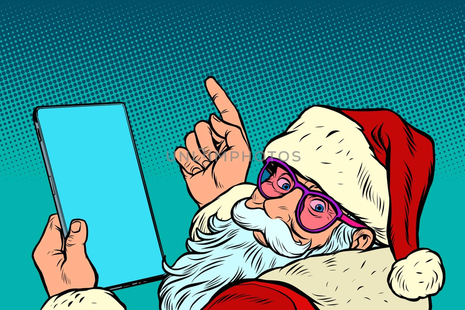 Santa Claus with a tablet. merry Christmas and happy new year. New year and Christmas online sales concept. Pop art retro vector illustration vintage kitsch drawing 50s 60s