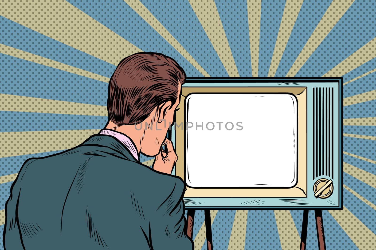 male viewer watching TV. Television propaganda, film and news. Pop art retro vector illustration drawing