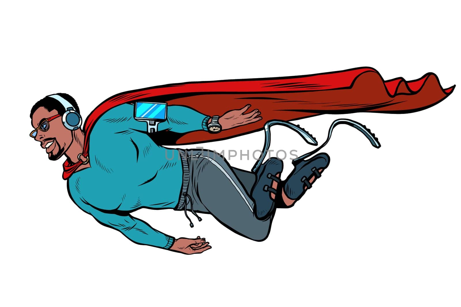 superhero fashion invalid with artificial legs. electronic gadgets. Pop art retro vector illustration kitsch vintage