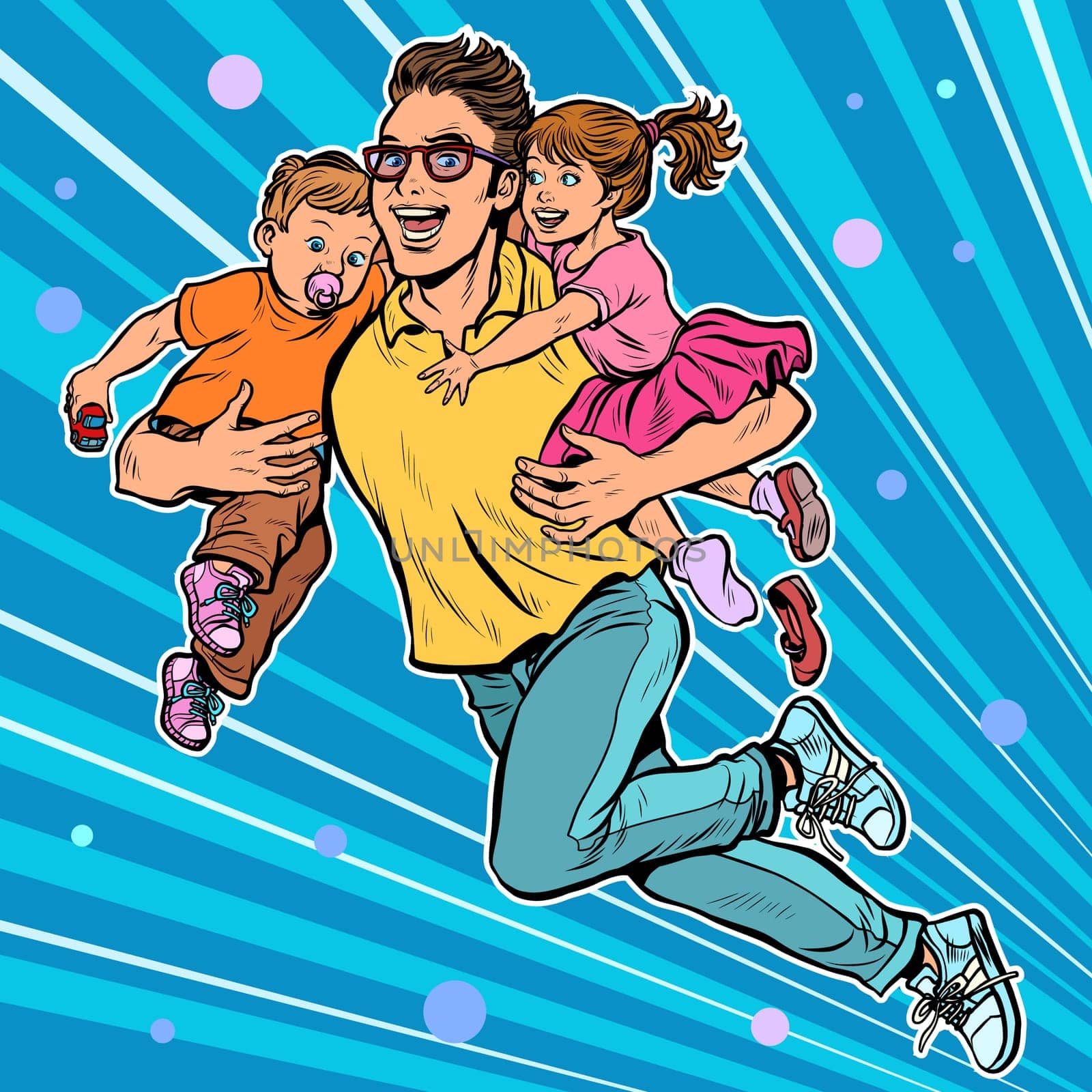 dad superhero flies and carries his daughter and son in his arms. paternity. Pop art retro vector illustration kitsch vintage