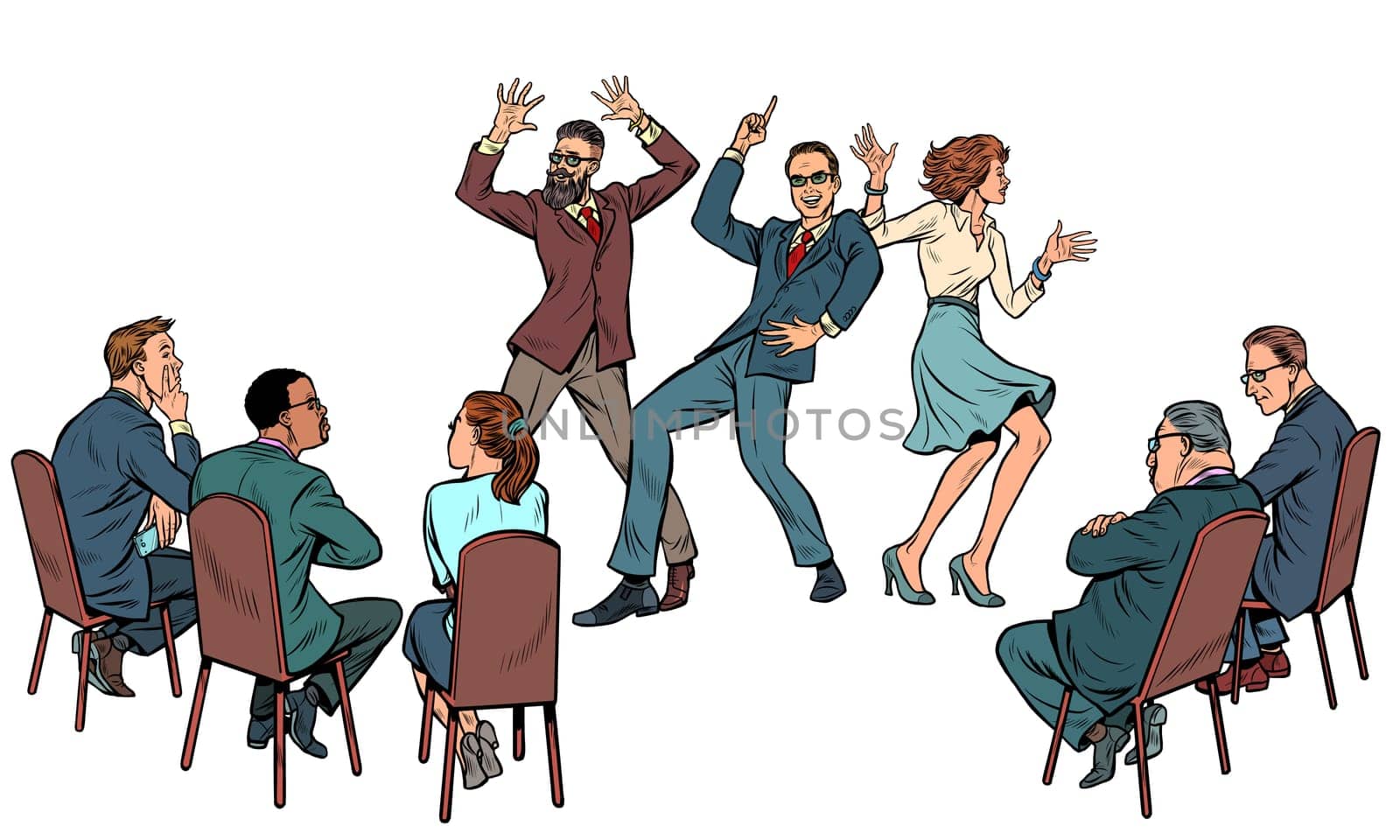 Dance competition. Dancing people and jury. isolate on white background Pop art retro vector illustration drawing